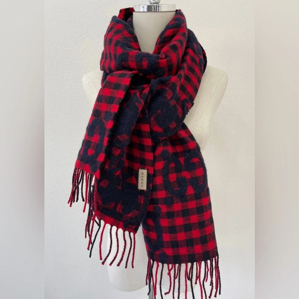 Gucci 644365 Red Blue Wool Jacquard Check GG Diamcheck Logo UNISEX Fringe Scarf - Picture 8 of 12